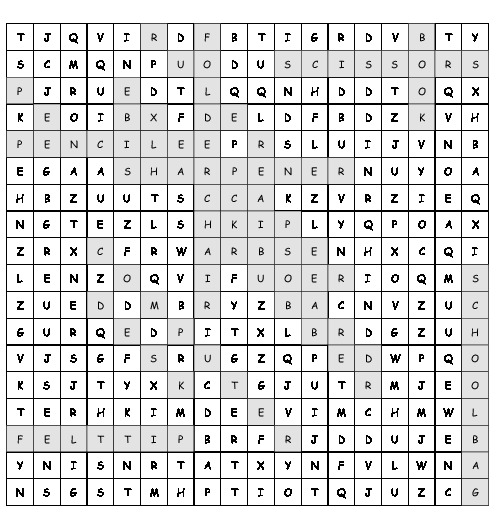 Word Search schoolthings with 16 hidden words (PDF, worksheet)