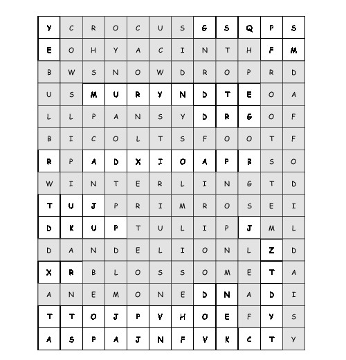 Word Search Early bloomers with 18 hidden words (PDF, worksheet)