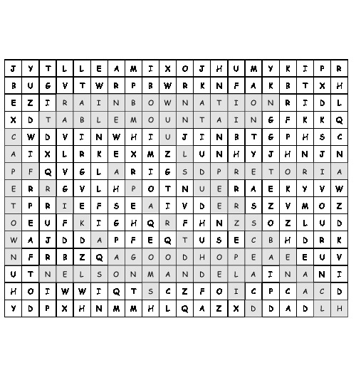 Word Search SOUTH AFRICA with 10 hidden words (PDF, worksheet)