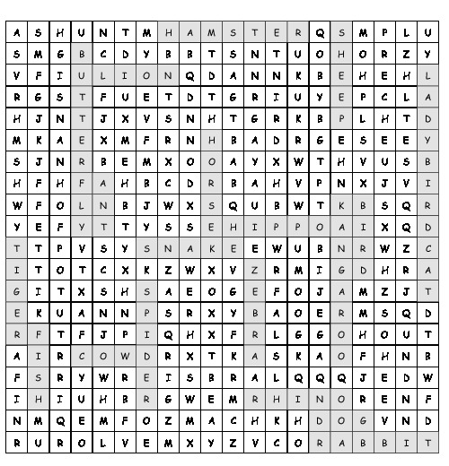 Word Search animal puzzle with 20 hidden words (PDF, worksheet)