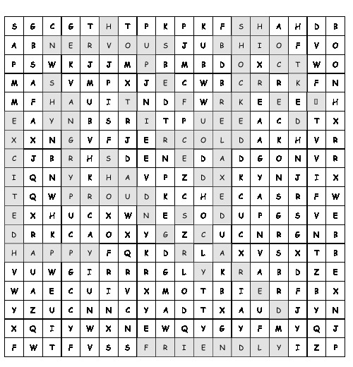 Word Search Feelings with 18 hidden words (PDF, worksheet)