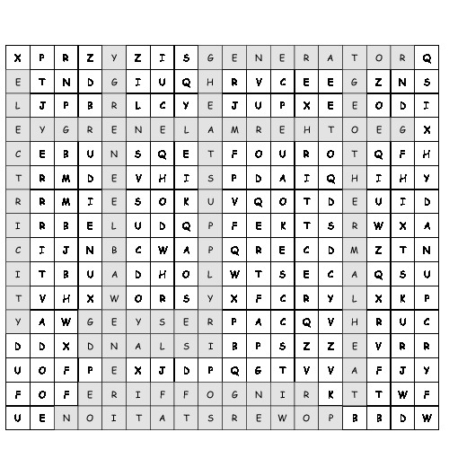 Word Search geothermal energy with 10 hidden words (PDF, worksheet)