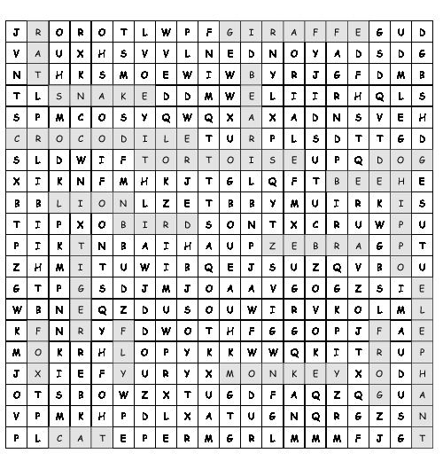 Word Search Big word search - wild animals with 19 hidden words (PDF,  worksheet)