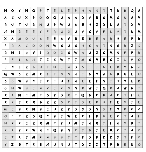 Word Search A lot of animals with 29 hidden words (PDF, worksheet)