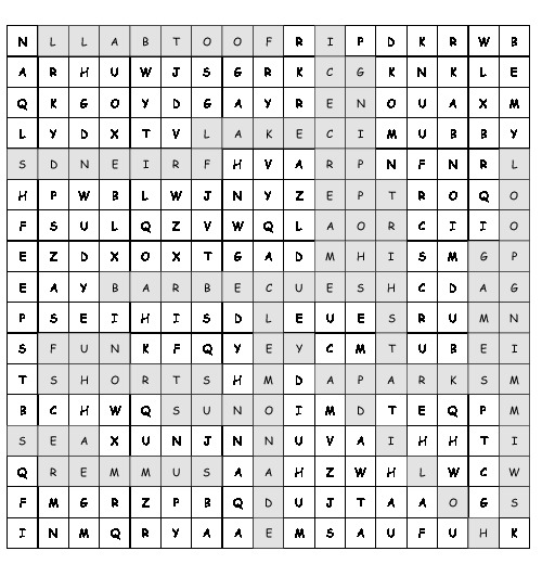 Word Search Summer holidays with 17 hidden words (PDF, worksheet)