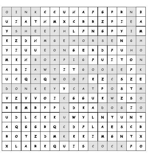 Word Search FARM ANIMALS with 19 hidden words (PDF, worksheet)