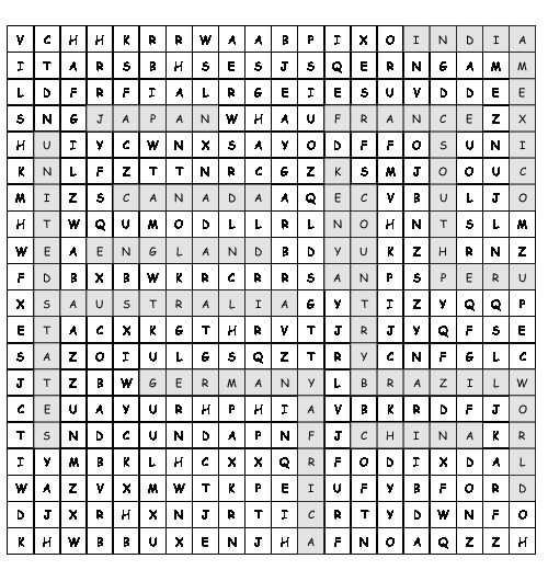 Word Search Around the World with 17 hidden words (PDF, worksheet)