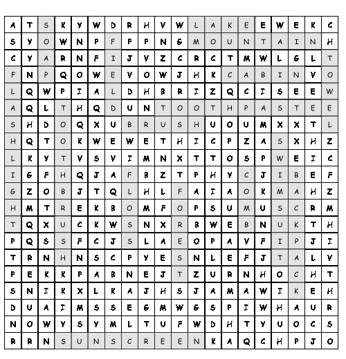 Word Search CAMPING ACTIVITIES with 16 hidden words (PDF, worksheet)