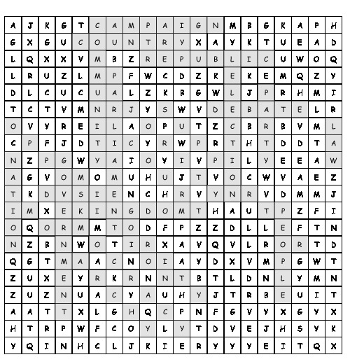 Word Search Politics with 20 hidden words (PDF, worksheet)