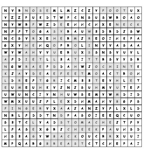 Word Search parts of the body with 25 hidden words (PDF, worksheet)