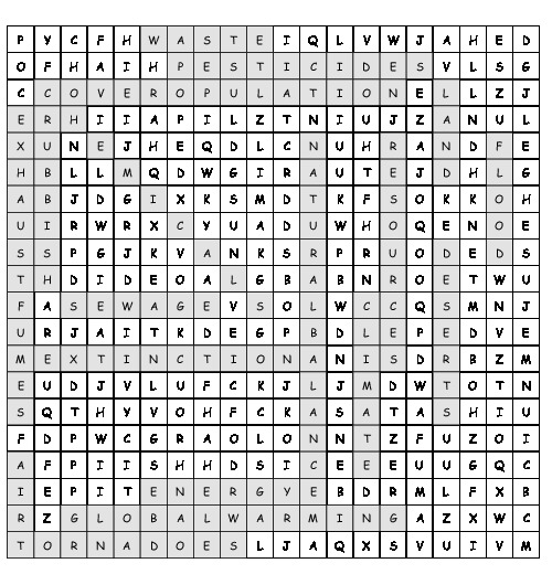 Word Search Pollution with 18 hidden words (PDF, worksheet)