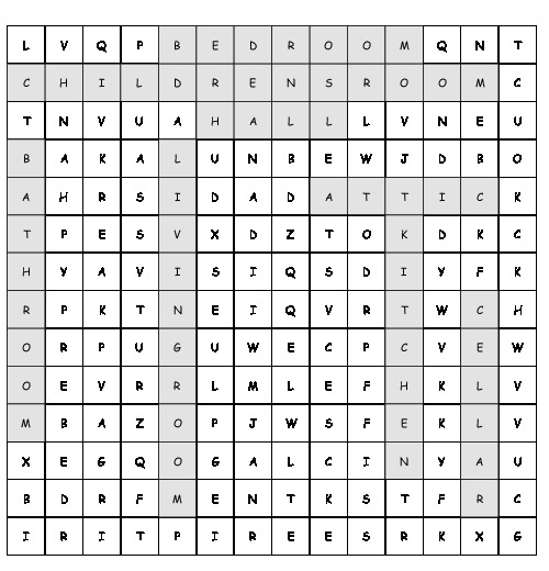 Word Search different rooms with 8 hidden words (PDF, worksheet)