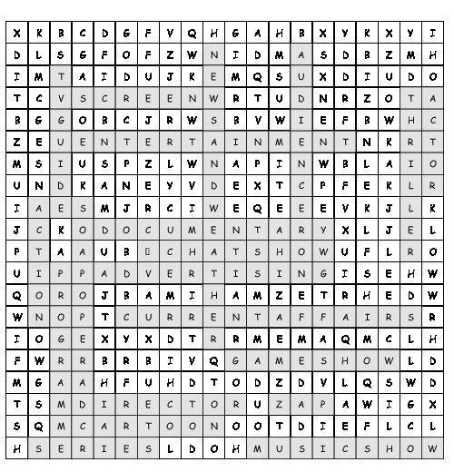 Word Search TV and cinema with 20 hidden words (PDF, worksheet)